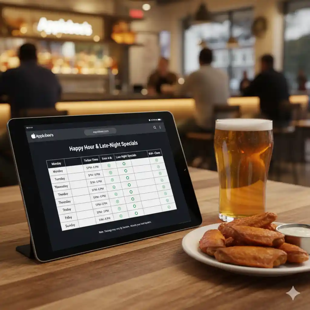 A spread of Applebee's happy hour menu items including boneless wings, mozzarella sticks with a cheese pull, spinach and artichoke dip, chips, and various drinks like beers and cocktails.