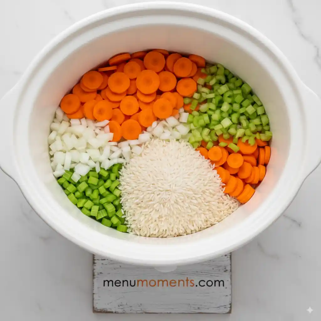 Freshly chopped carrots, celery, onion, and a mound of uncooked white rice layered in the bottom of a white crockpot for healthy chicken soup. menumoments.com