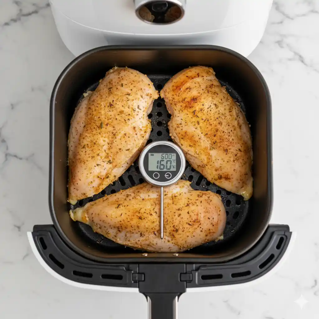 Seasoned chicken breasts cooking in an air fryer basket with a meat thermometer showing 160°F.