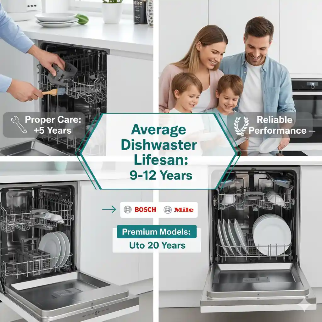 Collage showing dishwasher usage and lifespan tips, including proper care, premium brands like Bosch and Miele, and average lifespan of 9–12 years, with clean dishes and a smiling family.