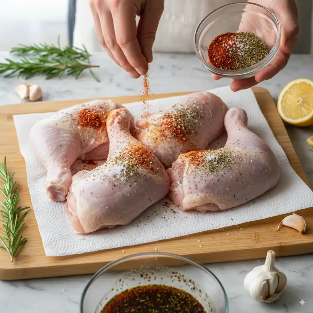 Hands sprinkling a blend of spices like paprika, salt, and herbs over raw chicken hindquarters laid out on a cutting board, with a bowl of marinade nearby.