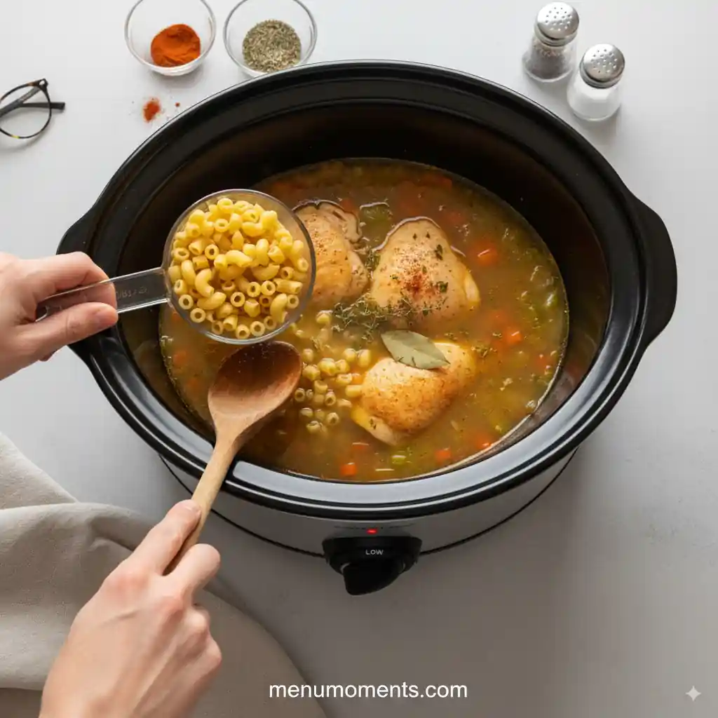 Hands adding uncooked macaroni noodles from a measuring cup into a steaming crockpot of chicken soup with a wooden spoon, about 30 minutes before serving. Branding: menumoments.com