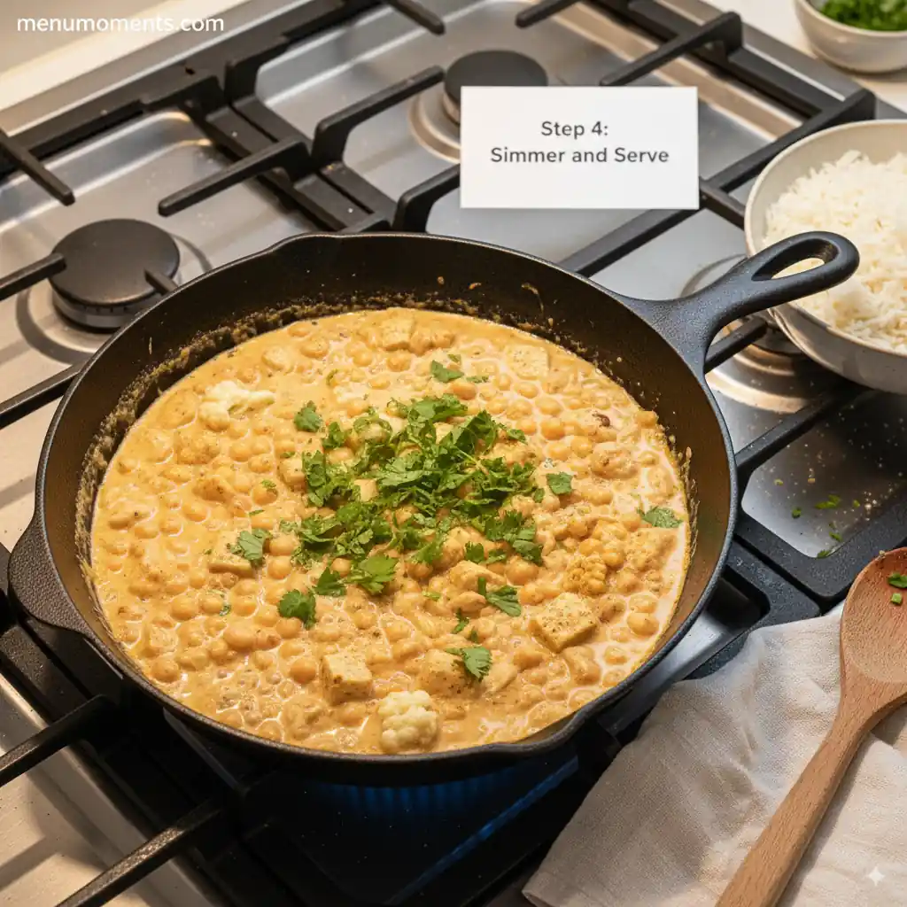 A cast-iron skillet filled with a creamy, simmering 'jalbiteworldfood' dish garnished with fresh cilantro, ready to serve alongside a bowl of basmati rice, on a gas stove, displaying 'menumoments.com' branding.