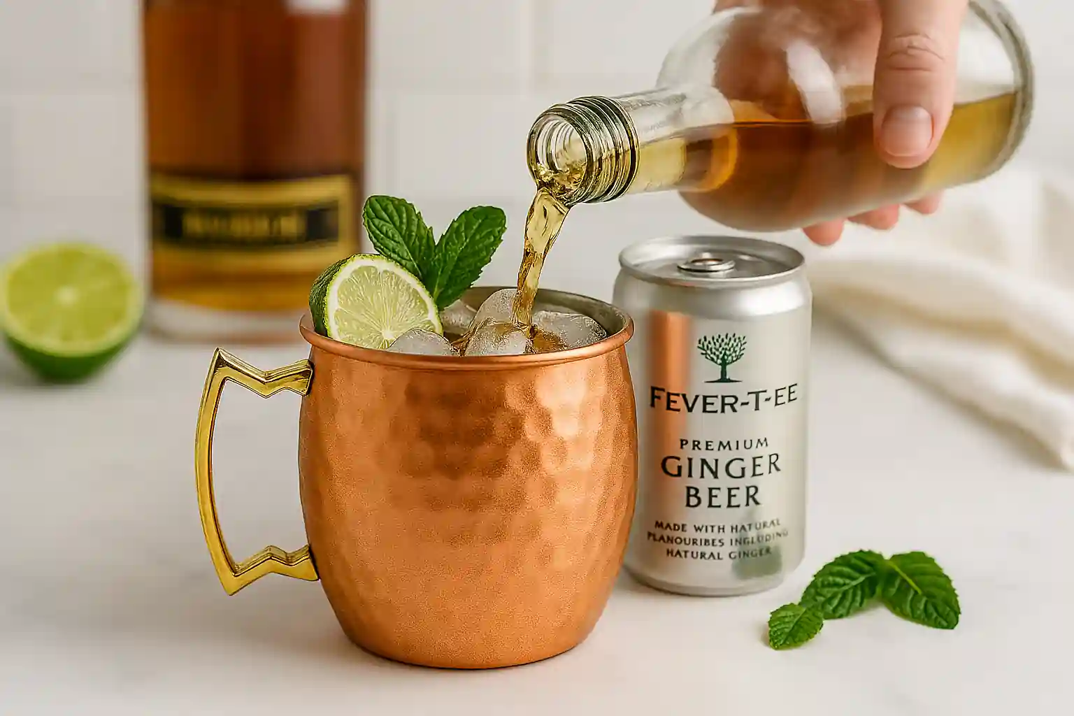 Hand pouring bourbon into a copper mug filled with ice, surrounded by lime, ginger beer, and mint on a marble countertop.