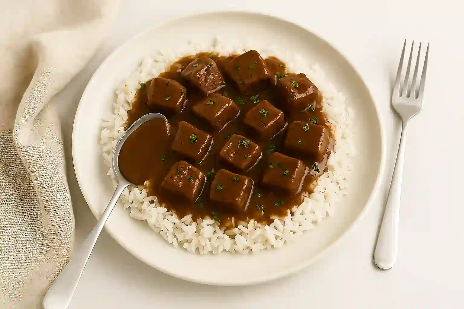 Beef tips in brown gravy served over rice with parsley garnish, styled for family-friendly meal prep