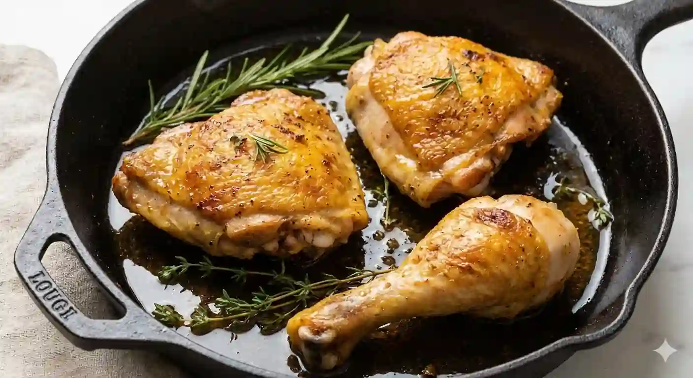 A cast iron skillet holding two cooked chicken thighs and one drumstick, with golden-brown skin, herbs, and juices.