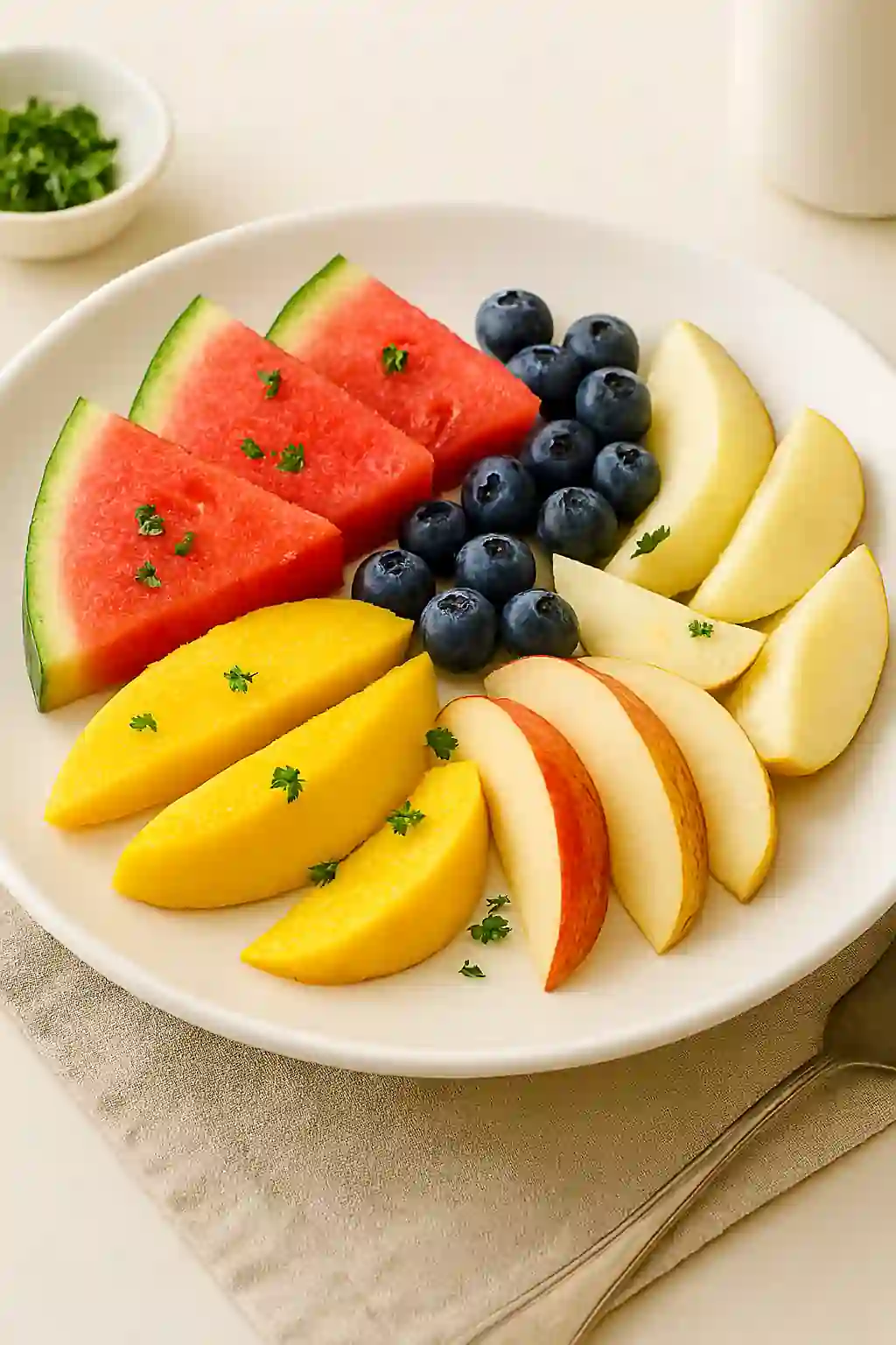 A realistic, high-quality photo of a low histamine fruit plate featuring sliced apples, pears, mango, blueberries, watermelon cubes, and peach wedges, plated on a white ceramic dish in natural kitchen lighting with a minimal background.