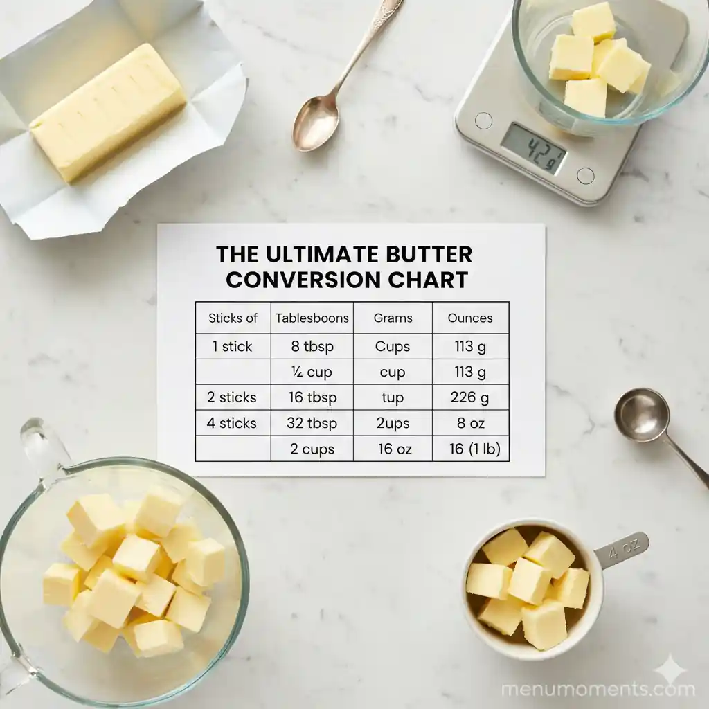 Comprehensive butter conversion chart displaying sticks, tablespoons, cups, grams, and ounces, surrounded by butter and measuring tools.
