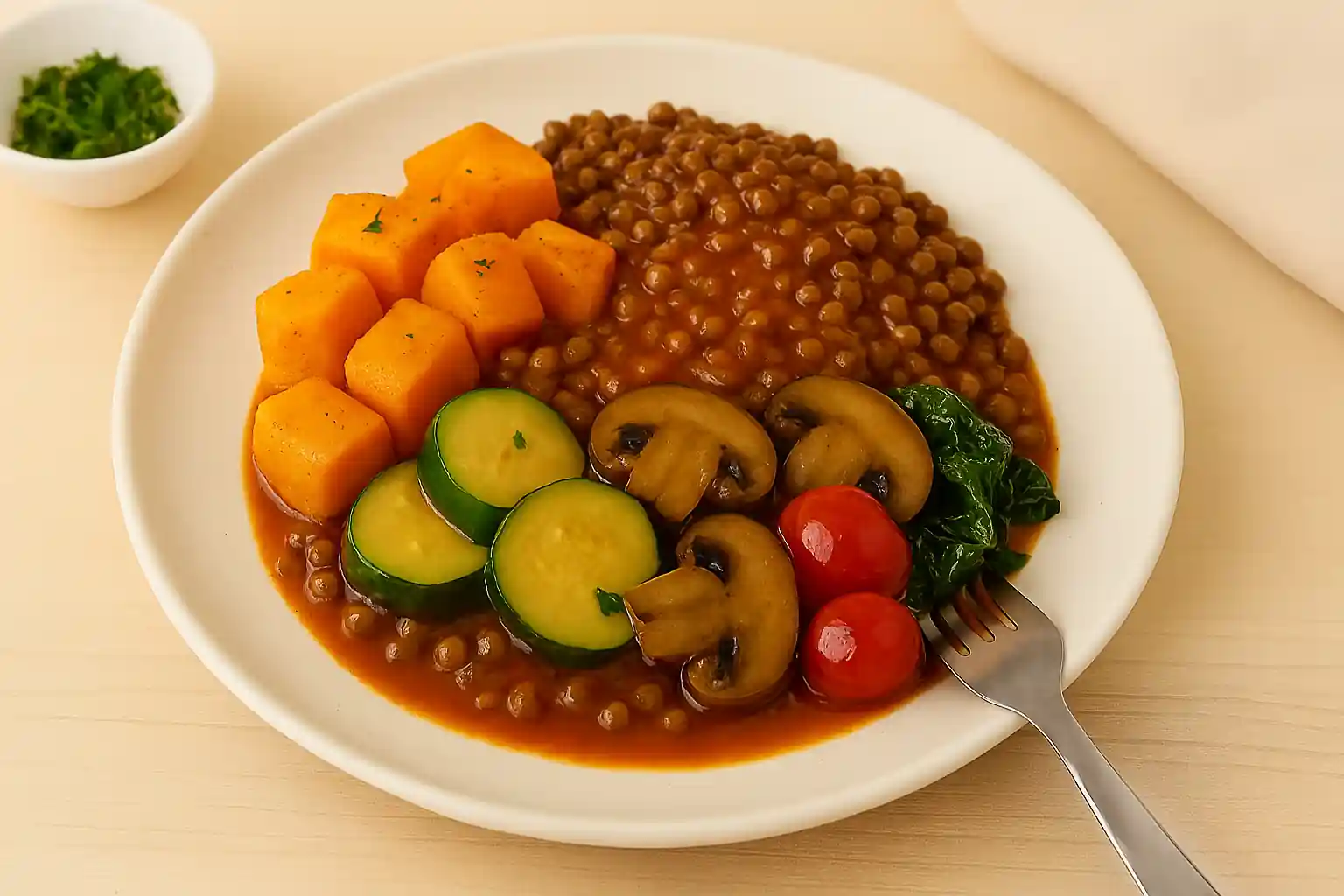 "Single-serving vegan casserole with roasted vegetables, lentils, and tomato sauce subtly sweetened with crab apple glaze"