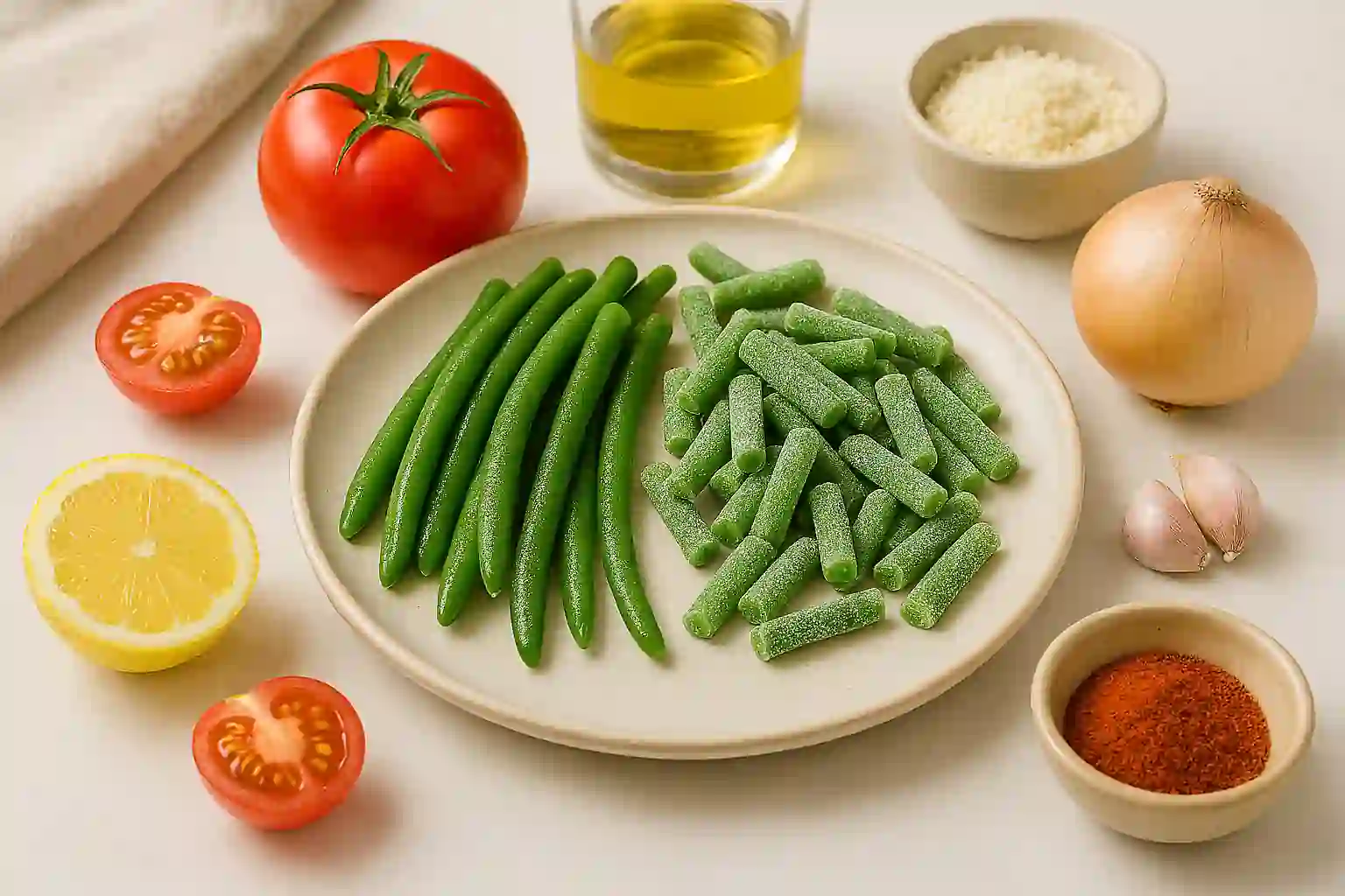 Frozen green beans surrounded by fresh vegetables, seasonings, and pantry ingredients on a marble countertop.