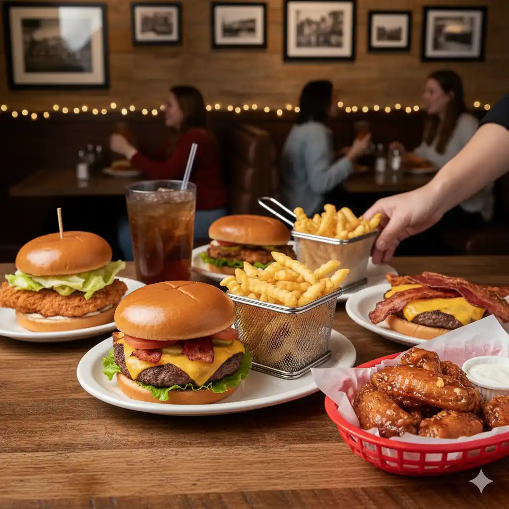 A spread of Applebee's 9.99 daily specials, including a bacon cheeseburger, crispy chicken sandwich, fries, and boneless wings, with diners in the background.