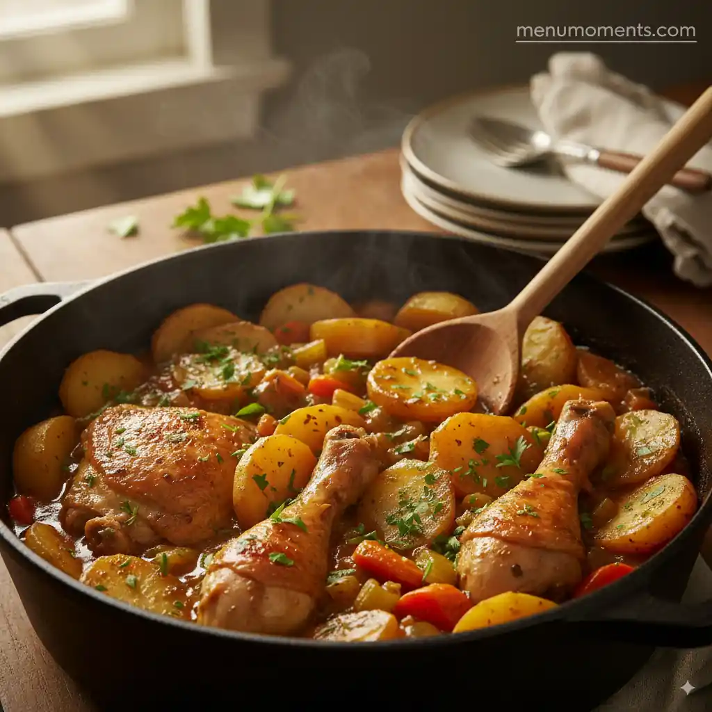 A steaming hot, fully cooked stoved chicken dish in a cast iron skillet, garnished with fresh chopped parsley. Tender chicken pieces, golden potatoes, and soft vegetables are visible, ready to be served with a wooden spoon. Stacked plates are in the background. A "menumoments.com" watermark is visible in the background.