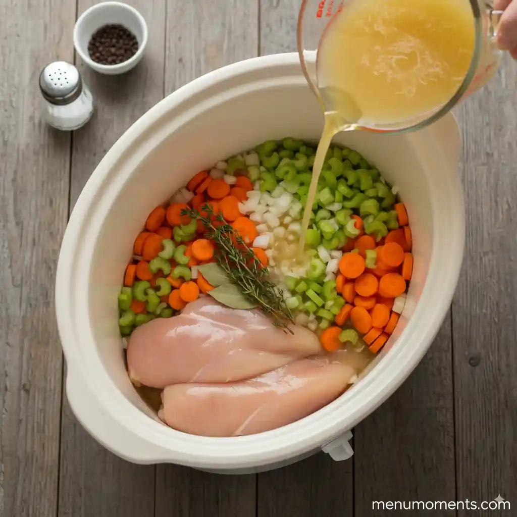 Overhead view of a person pouring low sodium chicken broth into a crockpot filled with raw chicken breasts, chopped carrots, celery, onion, thyme, and bay leaves on a rustic wooden table.