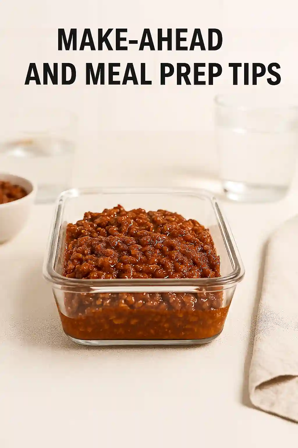 Sloppy joe filling stored in a clear glass meal prep container on a light kitchen countertop, styled with natural lighting and minimal background.