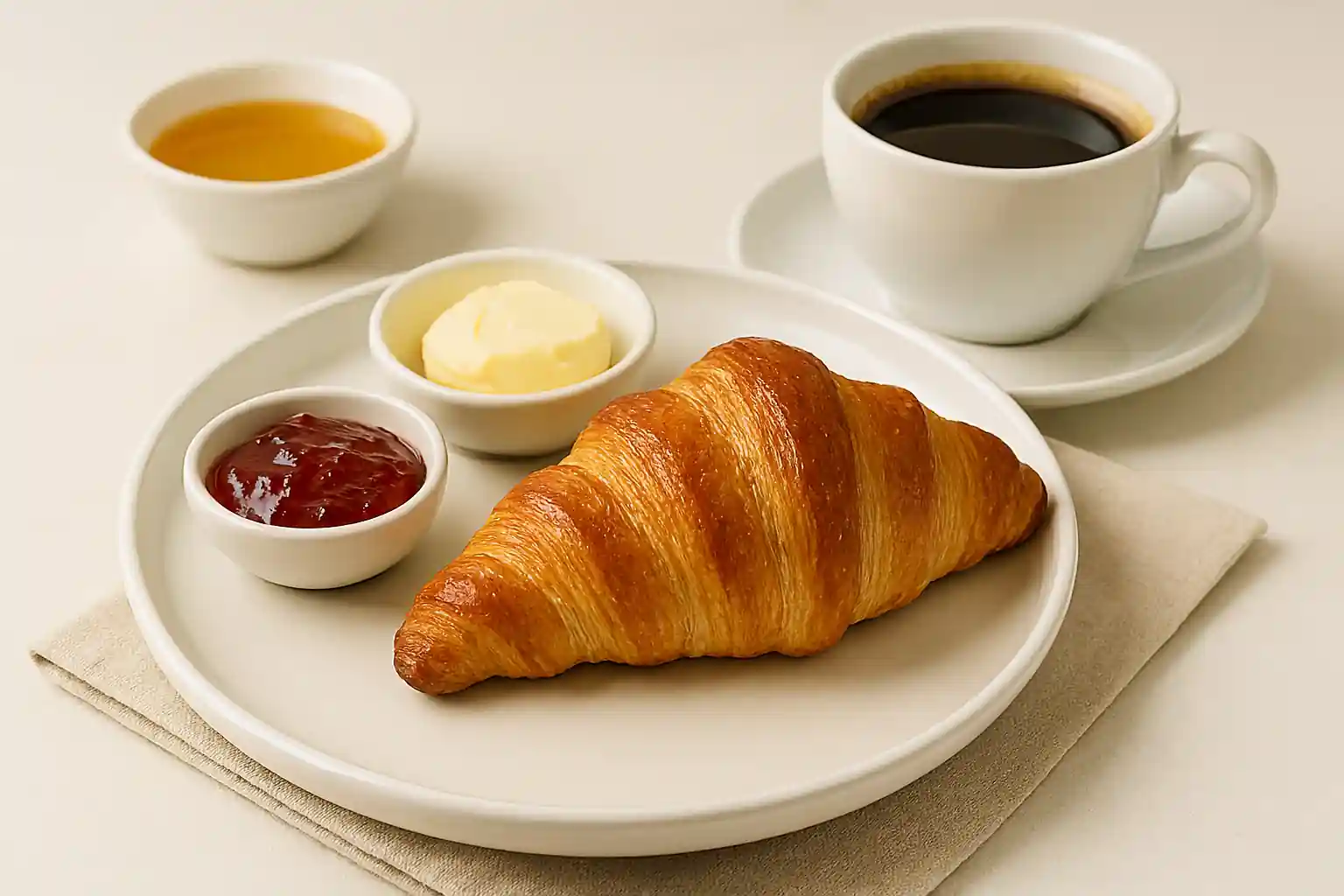 Swiss Gipfeli breakfast with butter, jam, honey, coffee, and tea on white ceramic dishes
