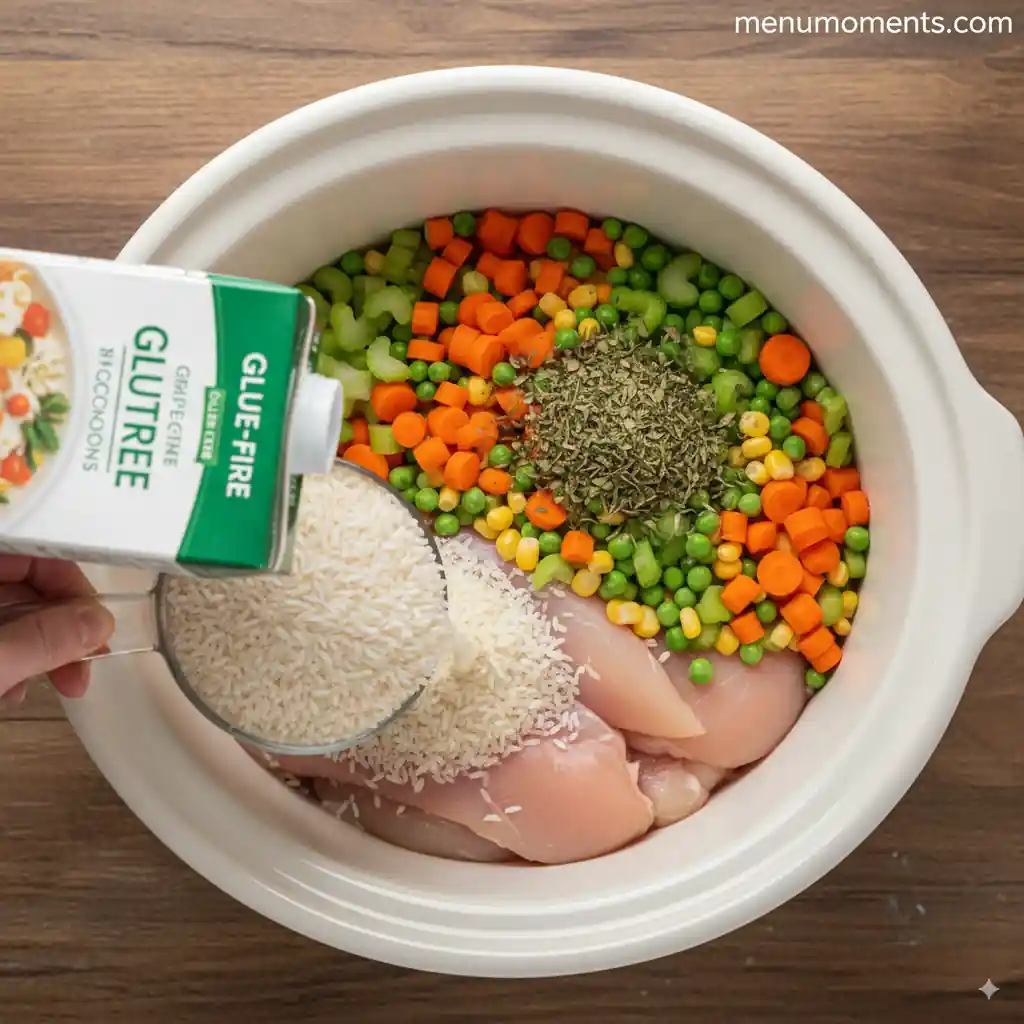 Ingredients being added to a slow cooker for gluten-free chicken soup.