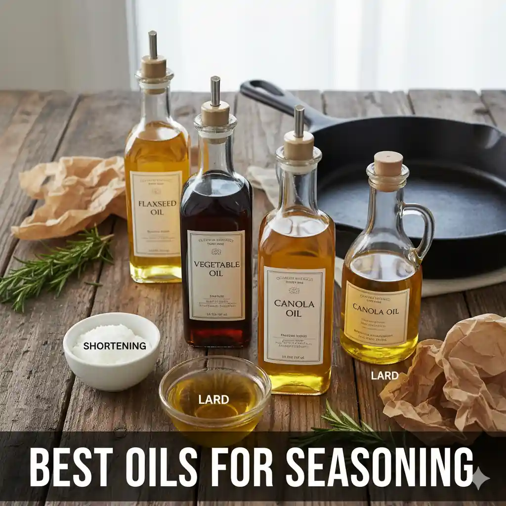 A collection of various oils and fats suitable for seasoning cast iron, including flaxseed oil, vegetable oil, canola oil, shortening, and lard, displayed around a cast iron pan.