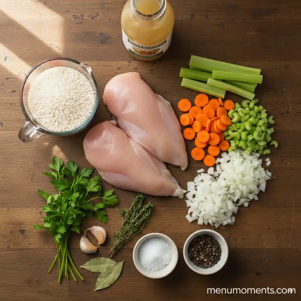 Overhead shot of all fresh ingredients for crockpot chicken rice soup including chicken breasts, rice, chicken broth, chopped carrots, celery, onion, garlic, parsley, thyme, bay leaf, salt, and pepper, branded menumoments.com