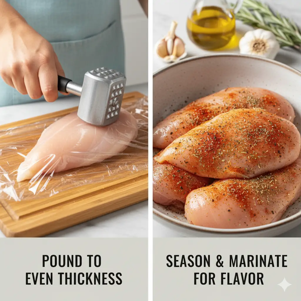 A split image showing chicken breast preparation: one side features a hand pounding chicken for even thickness, and the other displays seasoned chicken breasts ready for marinating.