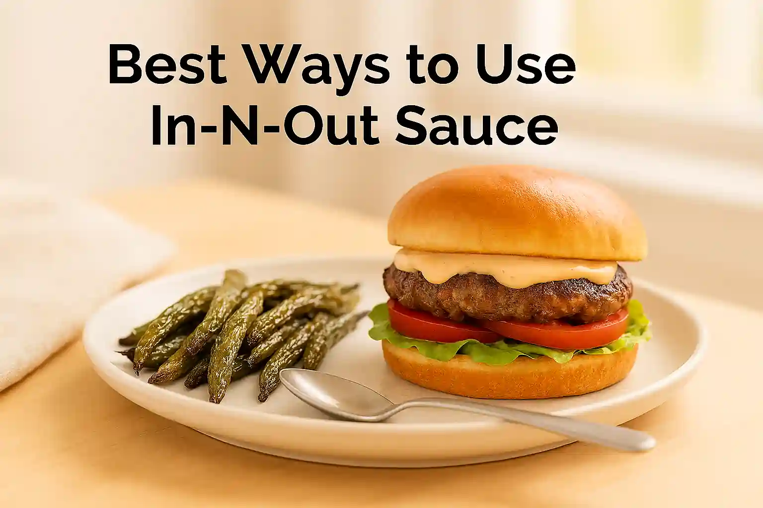 A homemade burger with fresh toppings and creamy sauce, served with roasted green beans on a ceramic plate in bright natural kitchen lighting with a minimal background.