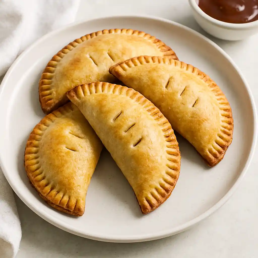 Golden-brown hand pies with fork-crimped edges on a white ceramic plate, served with dipping sauce in bright natural kitchen lighting.
