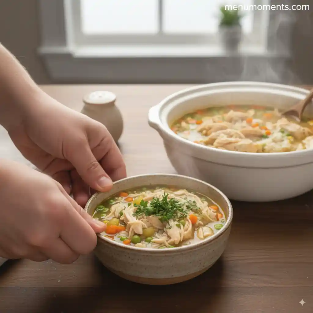A person serving a bowl of gluten-free chicken soup garnished with fresh herbs.