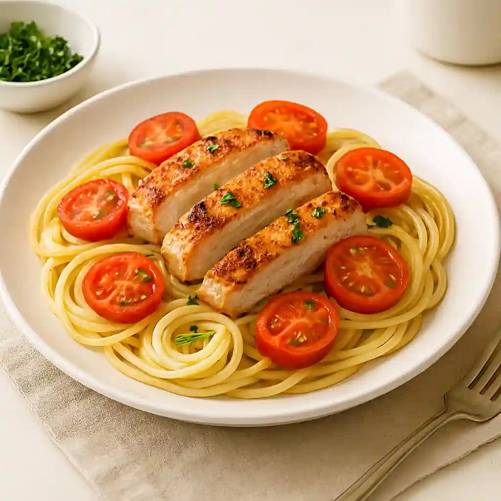 A realistic, high-quality photo of a low histamine meal featuring pan-seared white fish with steamed zucchini and carrots, garnished with parsley, plated on a white ceramic dish in natural kitchen lighting with a minimal background.