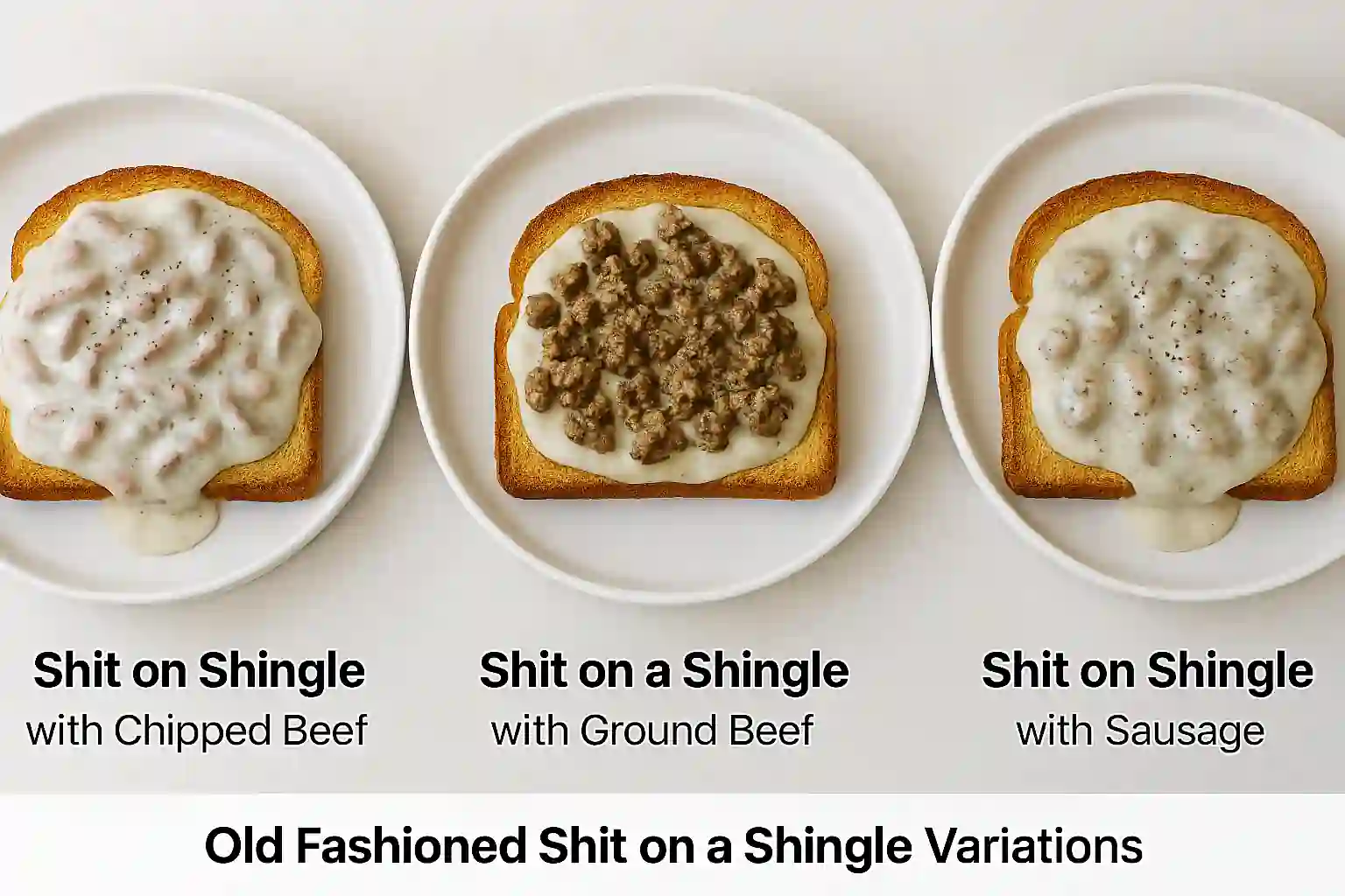 Three plated variations of shit on a shingle—chipped beef, ground beef, and sausage—each served on toast with creamy white gravy in natural kitchen light.
