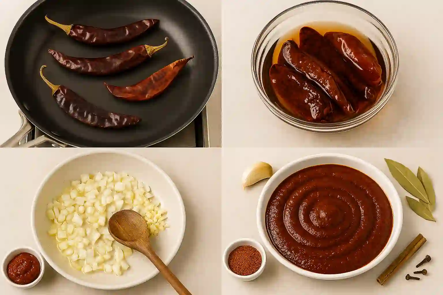 Step-by-step process of making homemade Mexican adobo sauce with roasted chiles, sautéed aromatics, and blended sauce