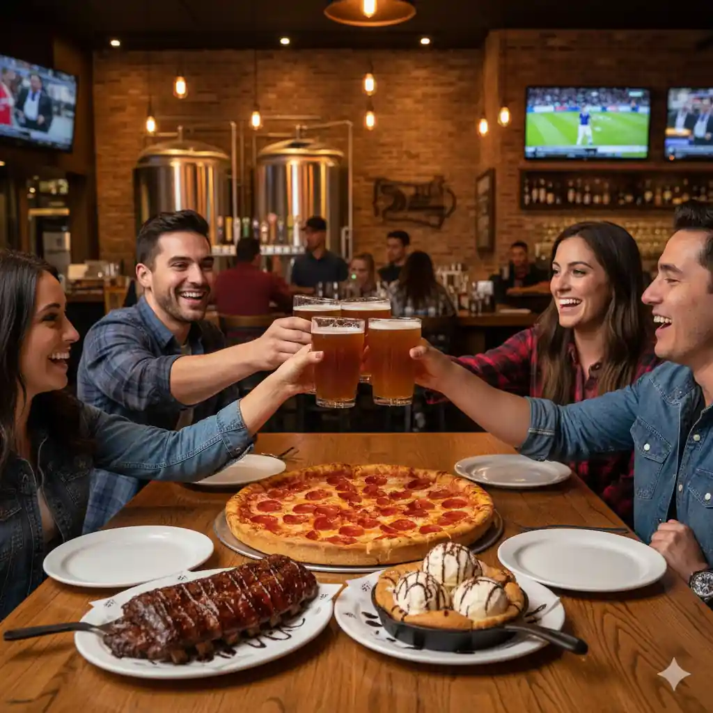 Friends toasting with craft beers over a spread of pizza, ribs, and Pizookie dessert at BJ's Brewhouse, highlighting the enjoyment of daily specials.