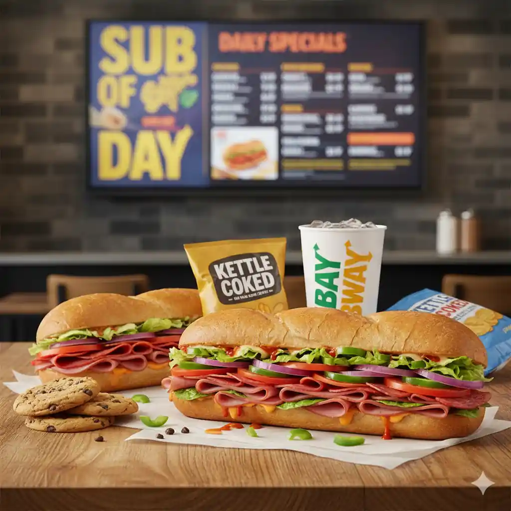 Two Subway footlong subs with fresh ingredients, a bag of chips, a fountain drink, and cookies on a wooden table, with a "Sub of the Day Daily Specials" menu board in the background.