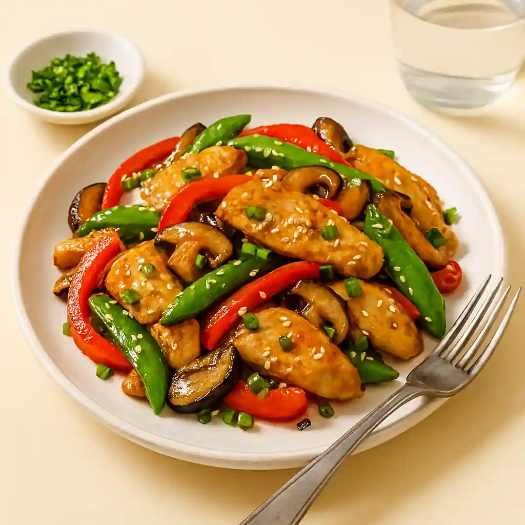 A beautifully plated keto chicken stir-fry with colorful vegetables in sugar-free sauce, served on a white ceramic plate in bright natural kitchen lighting with a minimal cream background.