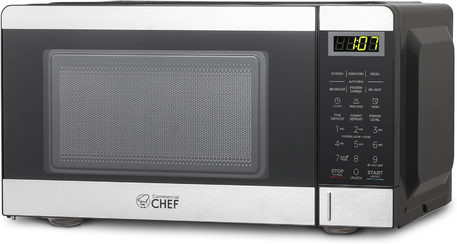 Commercial Chef microwave oven in black and stainless steel finish, featuring a digital display reading “11:07” and a multifunctional control panel with buttons for popcorn, potato, pizza, beverage, frozen dinner, reheat, eco mode, defrost, timer, and express cooking.