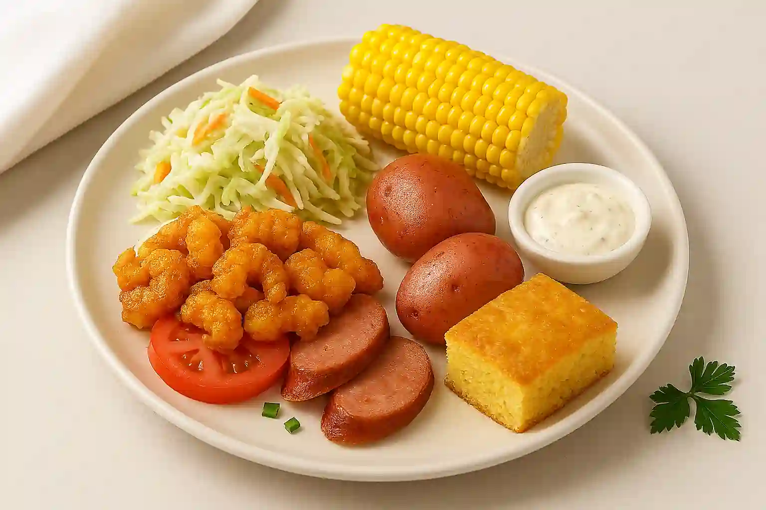 A plate of classic crawfish side dishes including corn on the cob, red potatoes, smoked sausage, coleslaw, cornbread, and dirty rice, styled in bright natural kitchen lighting with a minimal background.