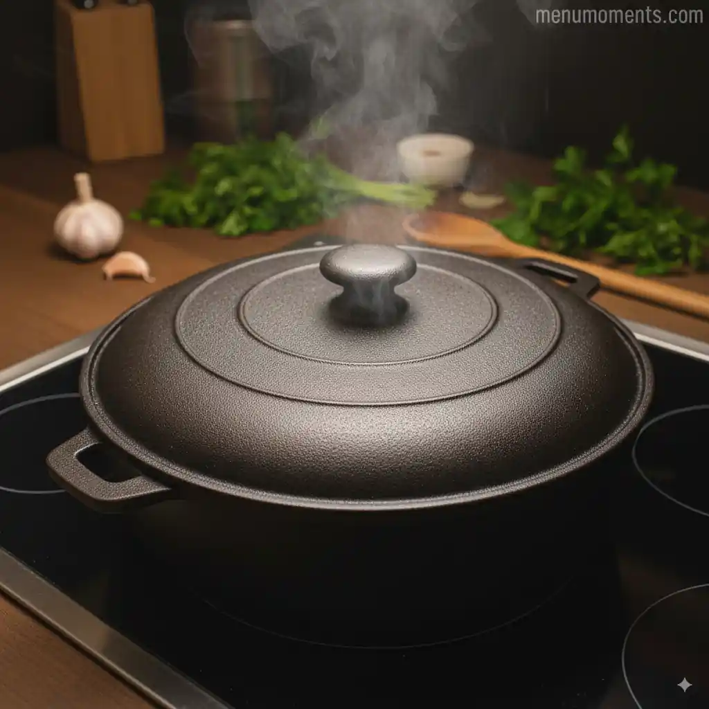 A lidded cast iron pot, likely a Dutch oven, is simmering on a stovetop, with gentle steam escaping from under the lid. The pot holds the stoved chicken and vegetables as it slow cooks. A "menumoments.com" watermark is visible in the background.