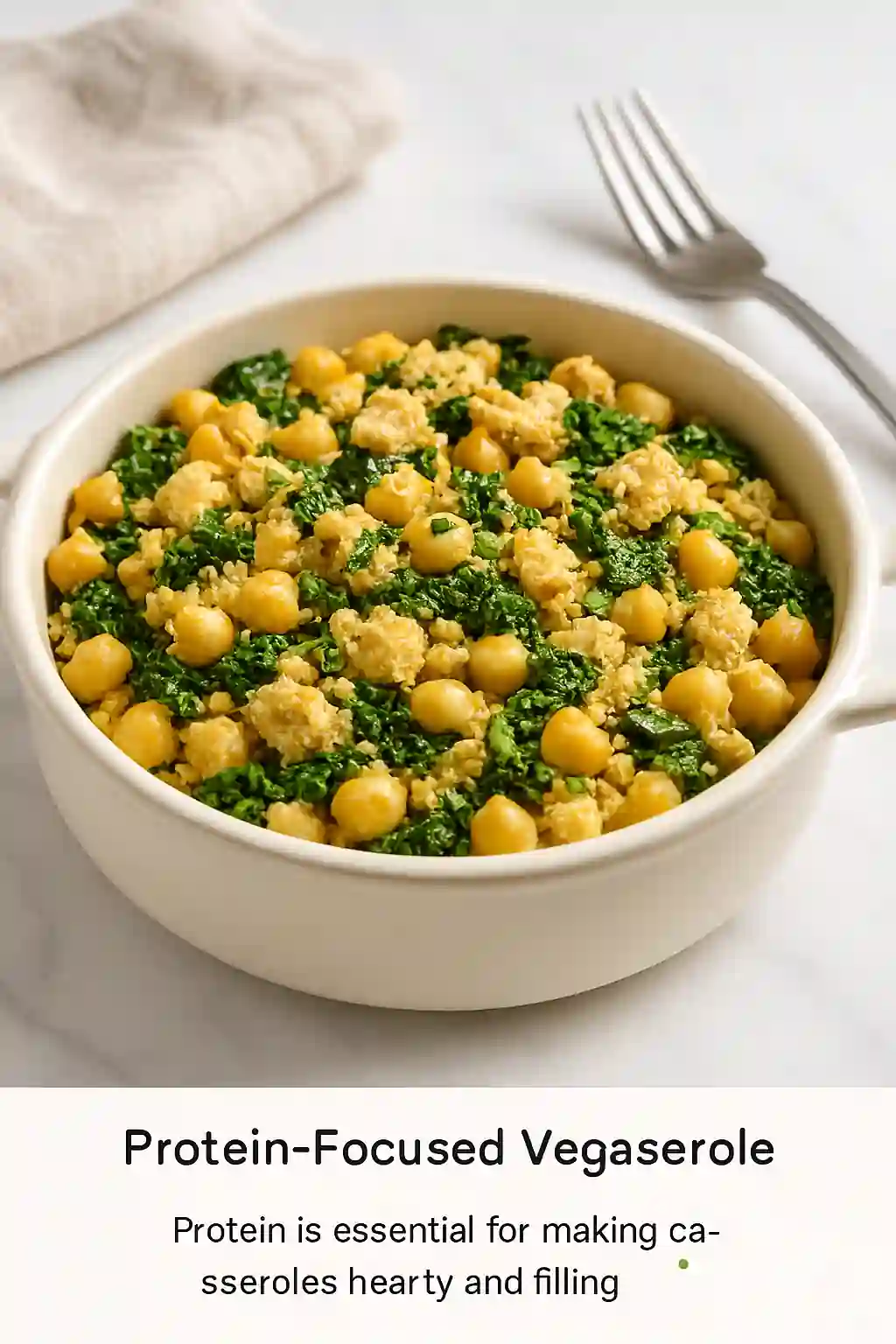 Protein-focused vegan casserole with chickpeas, tofu, lentils, tempeh, and beans baked golden in a ceramic dish, garnished with parsley in bright natural kitchen lighting.