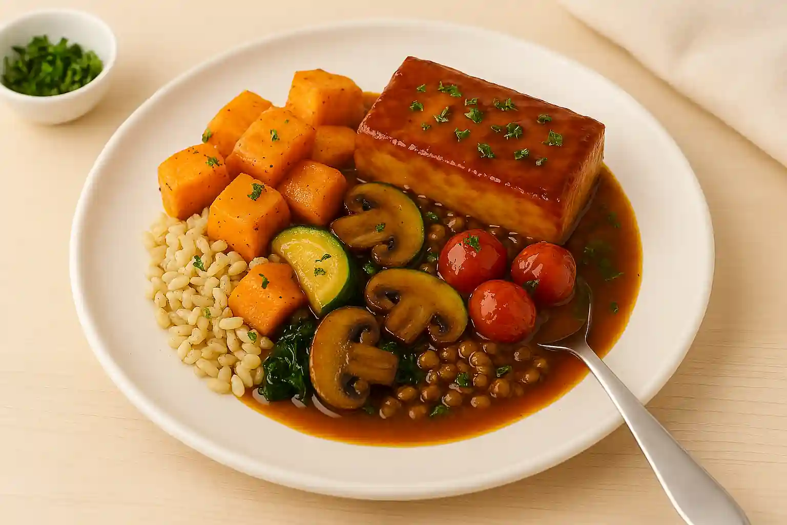 "Single-serving vegan casserole with glazed tofu, roasted vegetables, and brown rice in natural kitchen light"