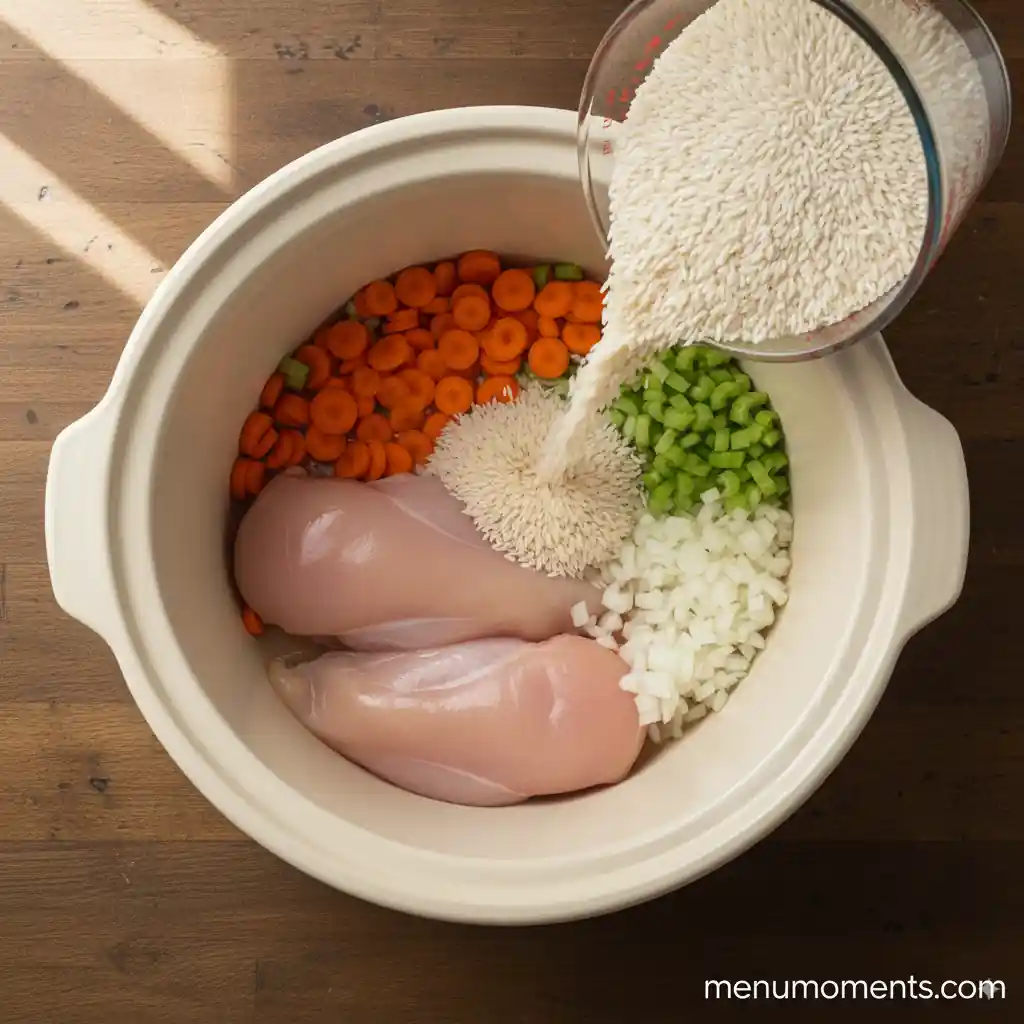Raw chicken breasts, chopped carrots, celery, and onion in a crockpot with rice being poured in, ready for slow cooking, branded menumoments.com