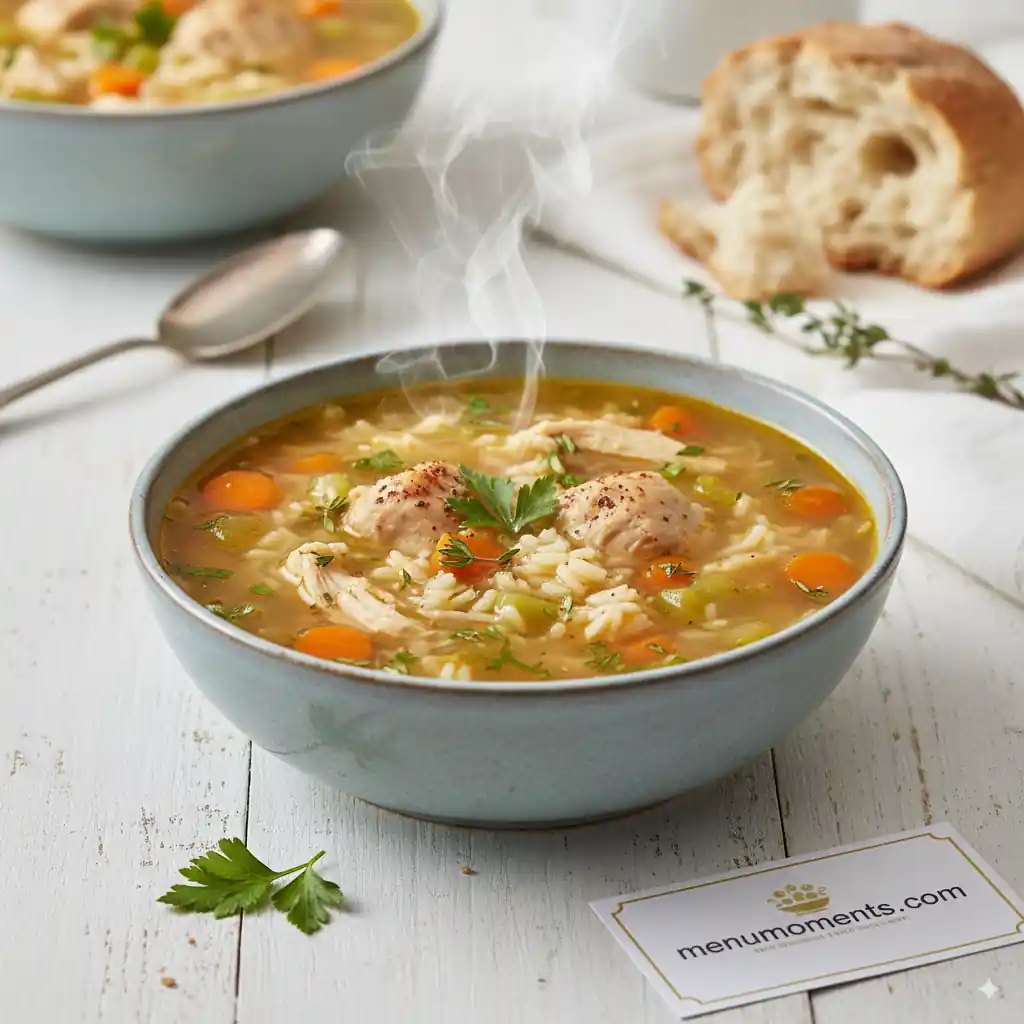 A steaming bowl of healthy crockpot chicken and rice soup, garnished with fresh parsley, with shredded chicken, rice, carrots, and celery visible. menumoments.com