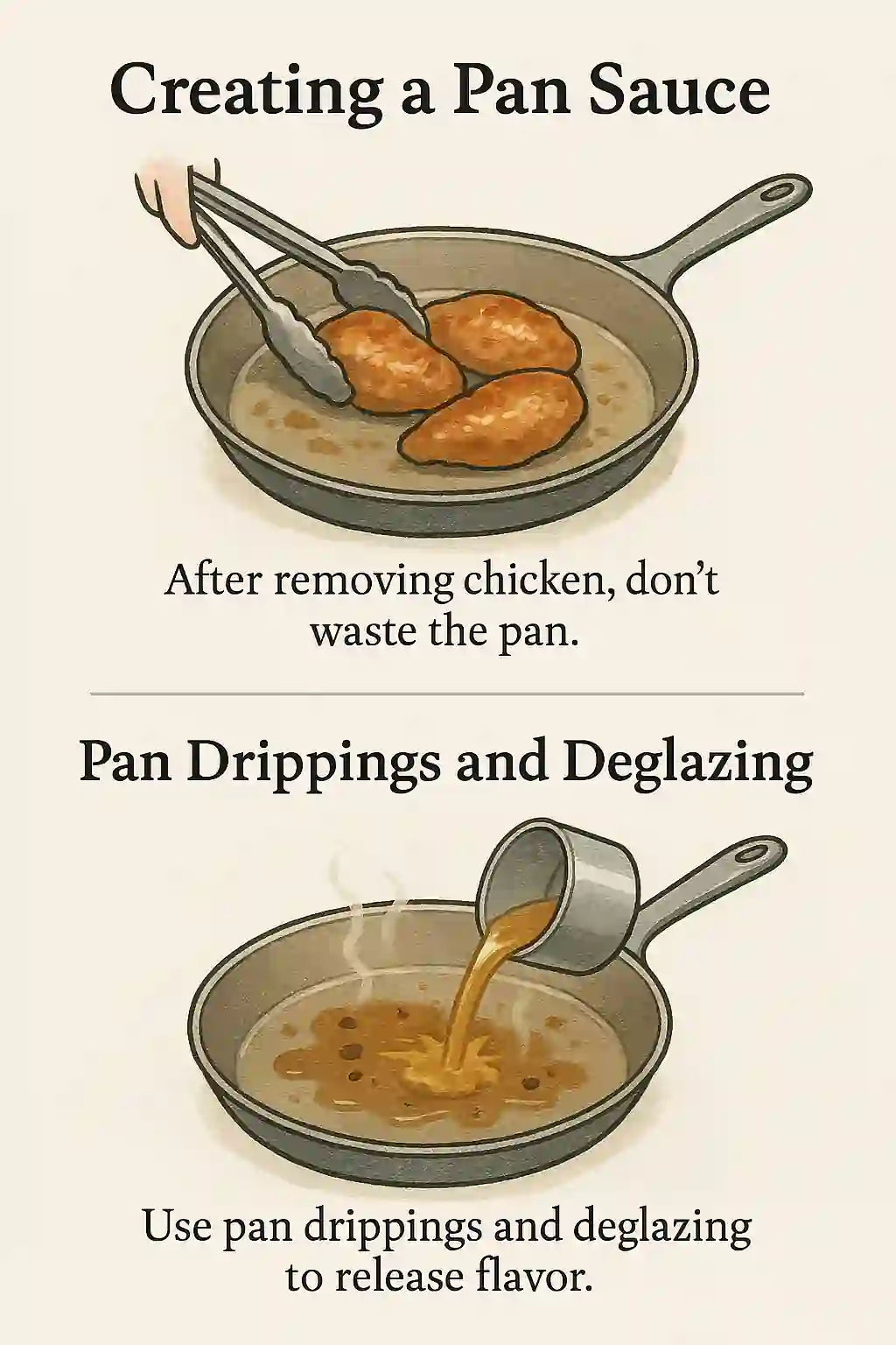 Skillet with cooked chicken pieces being removed with tongs, leaving flavorful