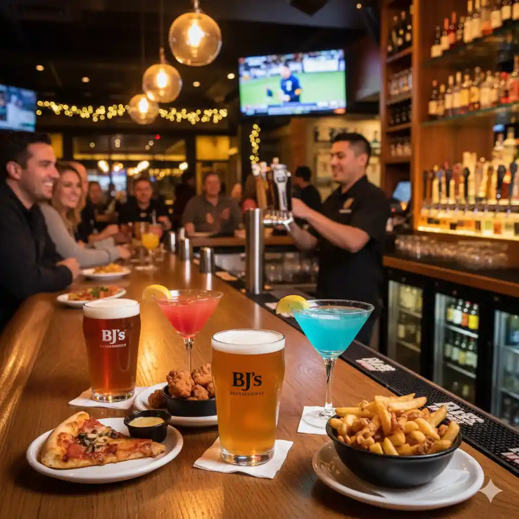A lively bar scene at BJ's Restaurant Brewhouse, with customers enjoying craft beers, cocktails, pizza, and appetizers on the wooden bar top, while a bartender pours drinks in the background.