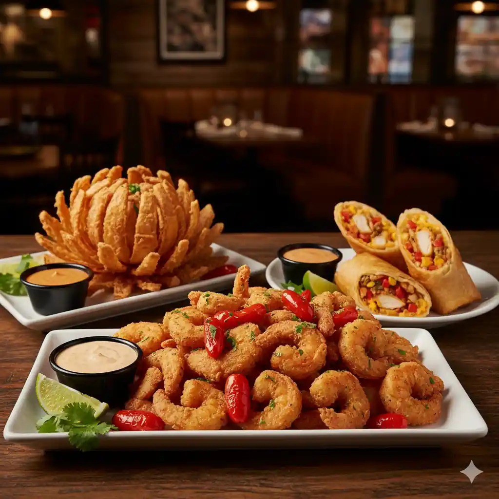 A spread of Longhorn Steakhouse appetizers: Wild West Shrimp with spicy cherry peppers, a Texas Tonion, and Firecracker Chicken Wraps, ready to be enjoyed.