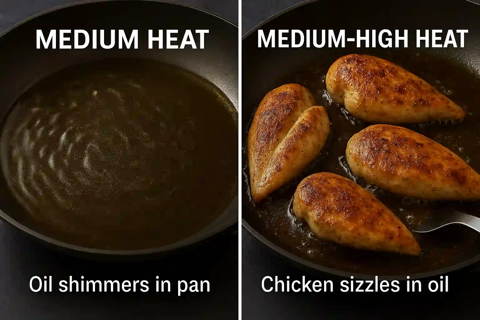 Two frying pans side by side—one gently cooking chicken on medium heat, the other browning chicken on medium-high heat