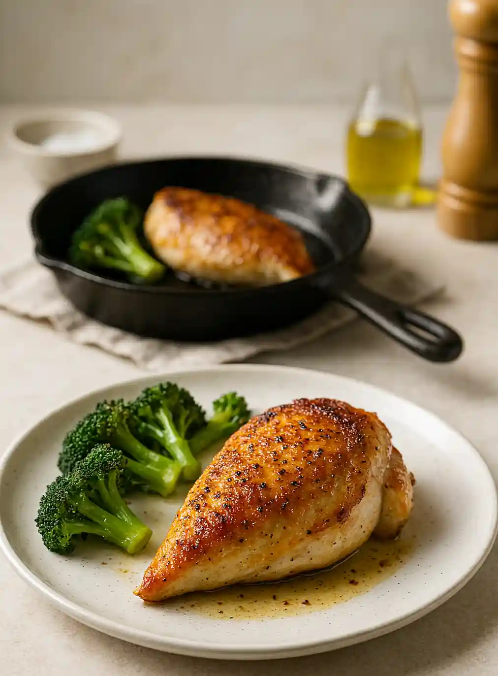 Golden-brown pan-fried chicken breast with crispy skin plated with herbs
