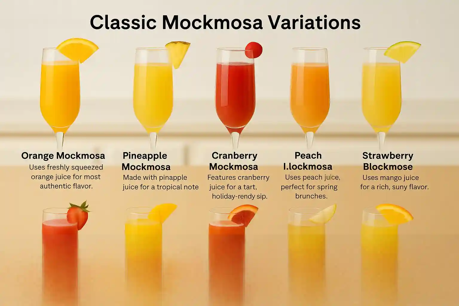 Assorted mockmosa variations in champagne flutes featuring orange, pineapple, cranberry, peach, strawberry, mango, blood orange, apple cider, tropical, and citrus juices