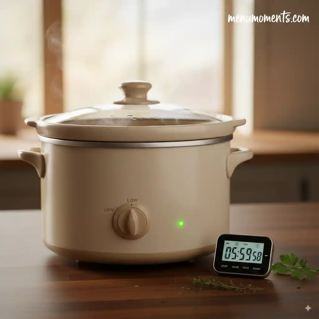 A beige crockpot with its lid on, set to 'low' and actively cooking, with a digital timer showing 05:59:58. Branding: menumoments.com.