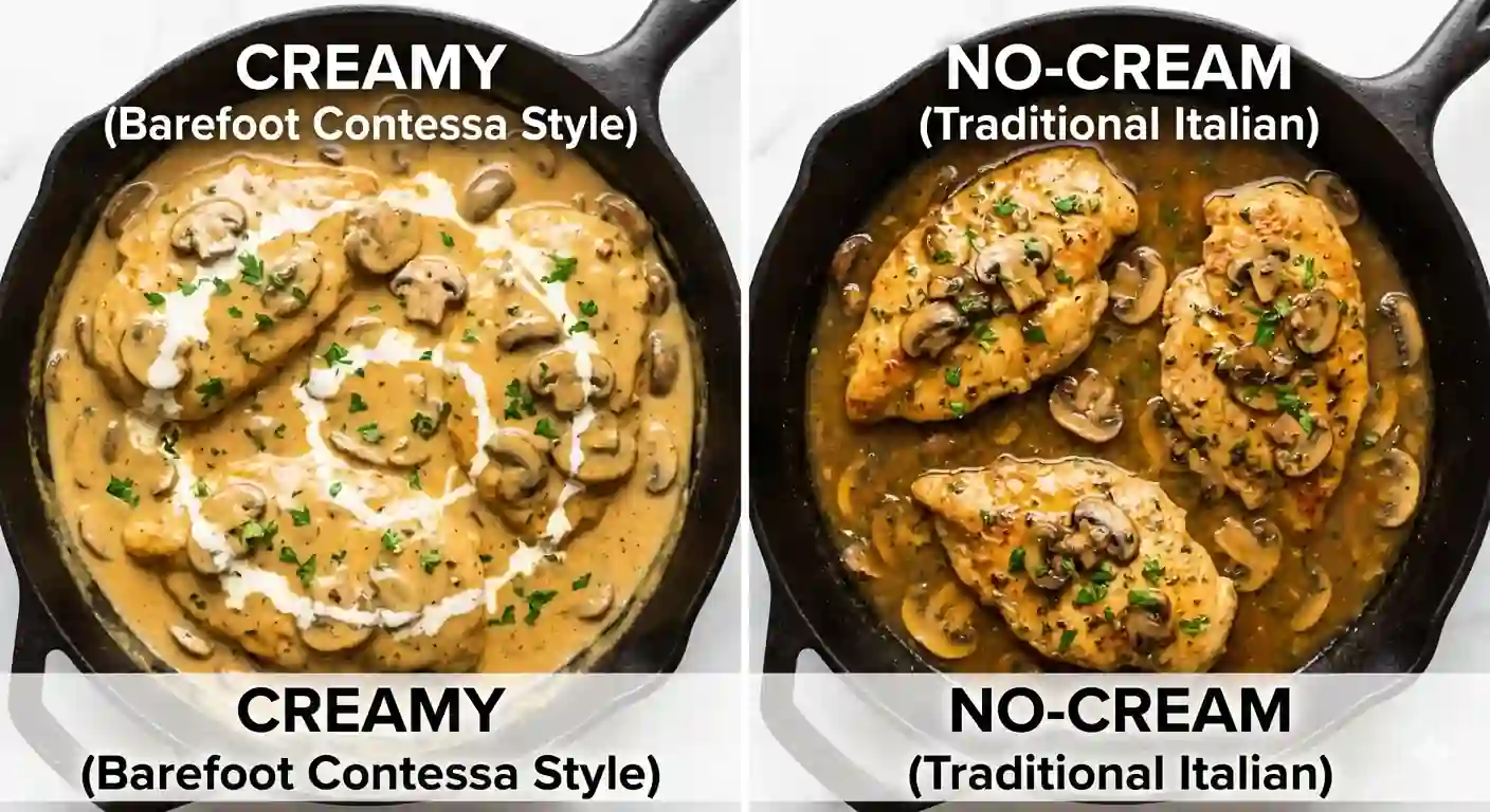 A side-by-side comparison shows two skillets of chicken marsala; the left one is a creamy "Barefoot Contessa Style" and the right one is a darker, non-creamy "Traditional Italian" style.
