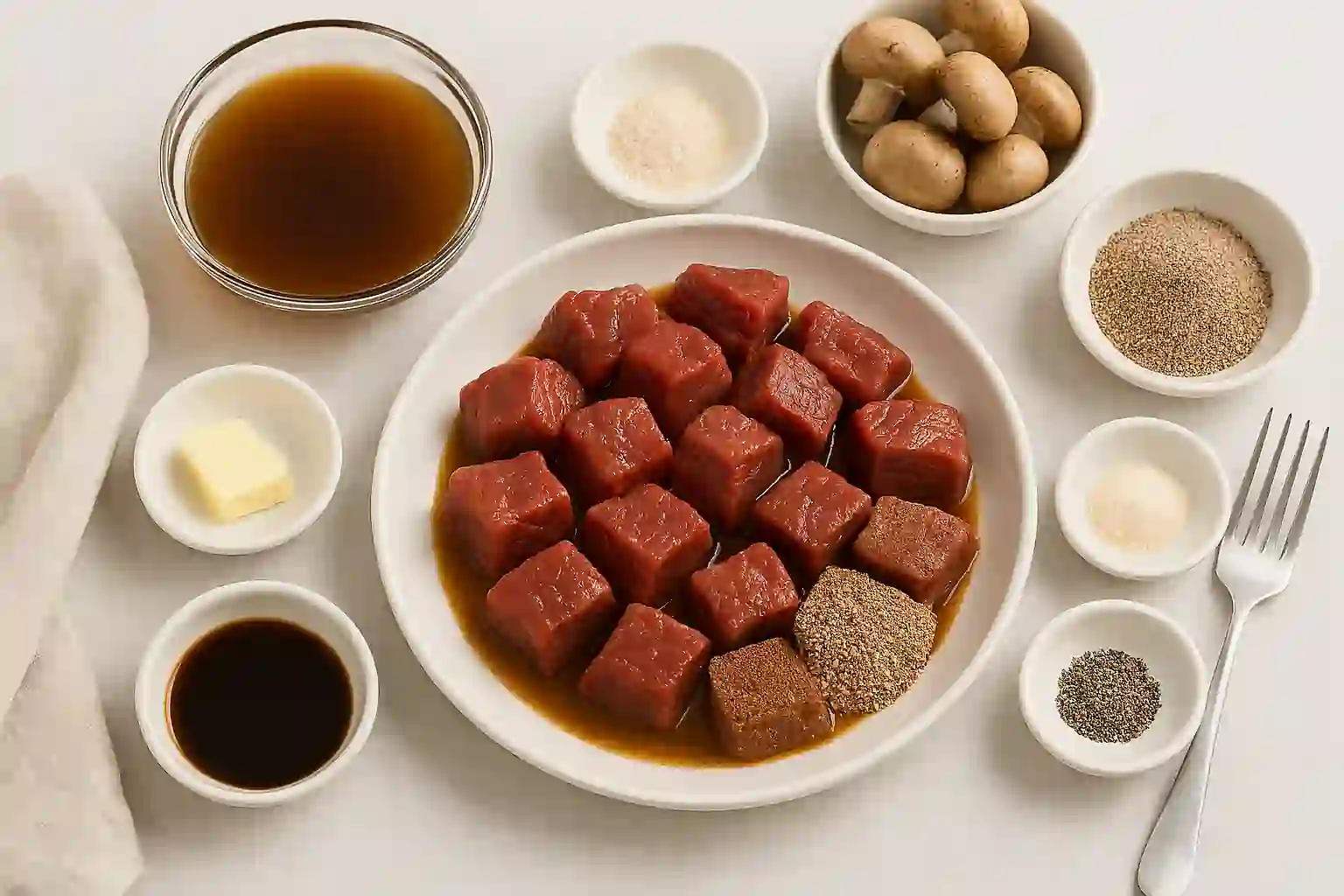 Ingredients for beef tips crock pot recipe including raw beef, mushrooms, seasonings, and broth arranged on a neutral kitchen surface