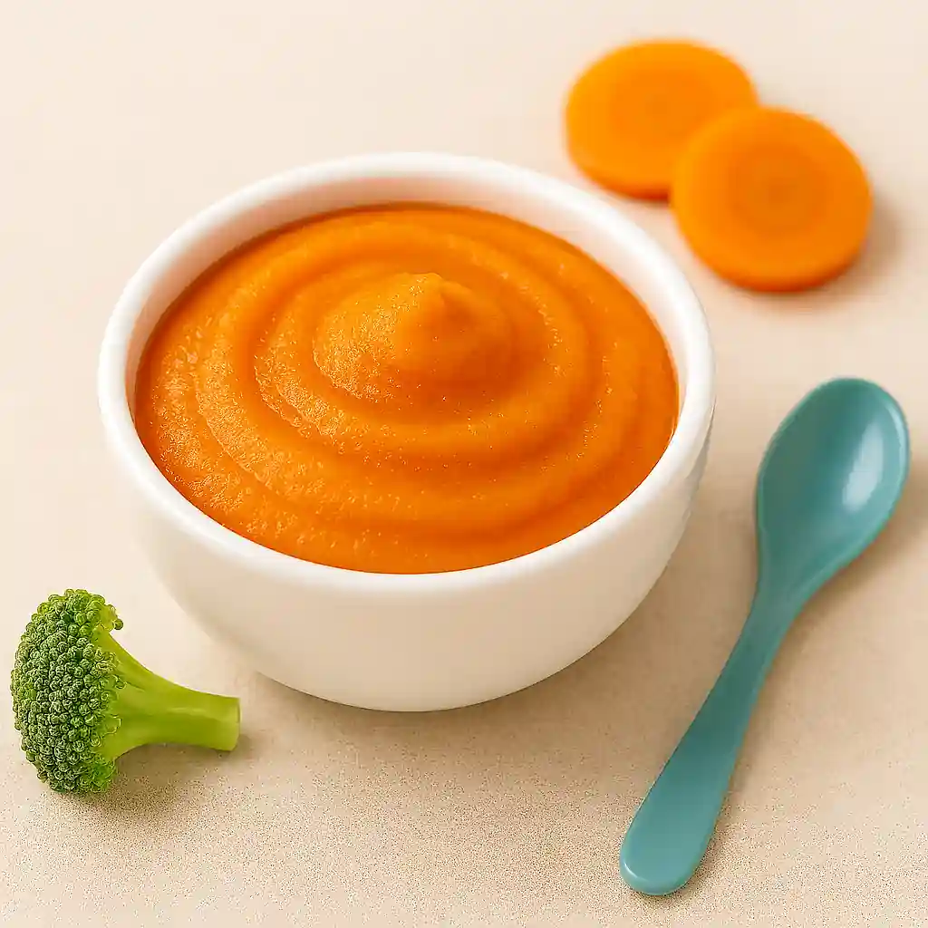 Smooth homemade baby puree in a white bowl with baby spoon, styled in natural kitchen light