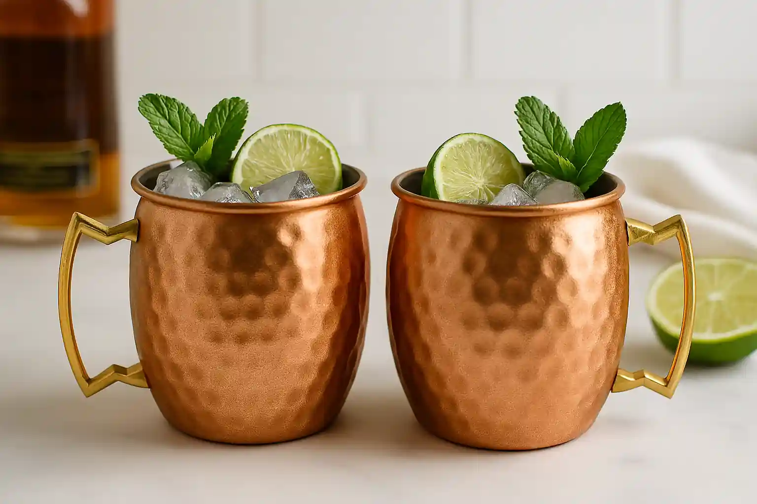 Two copper mugs side by side on a marble countertop—one with bourbon and mint, the other with vodka and lime.